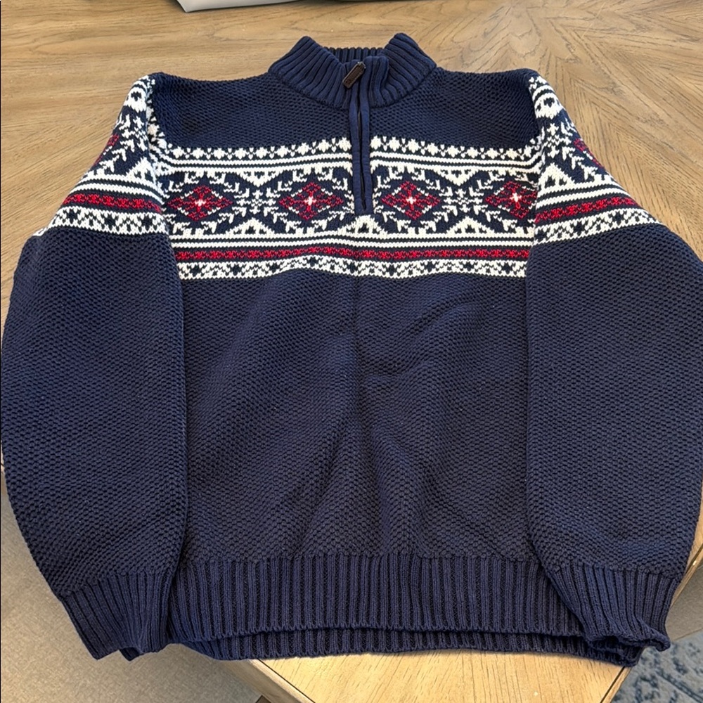 Izod Blue and White Zip Up Sweater with Nordic Pattern